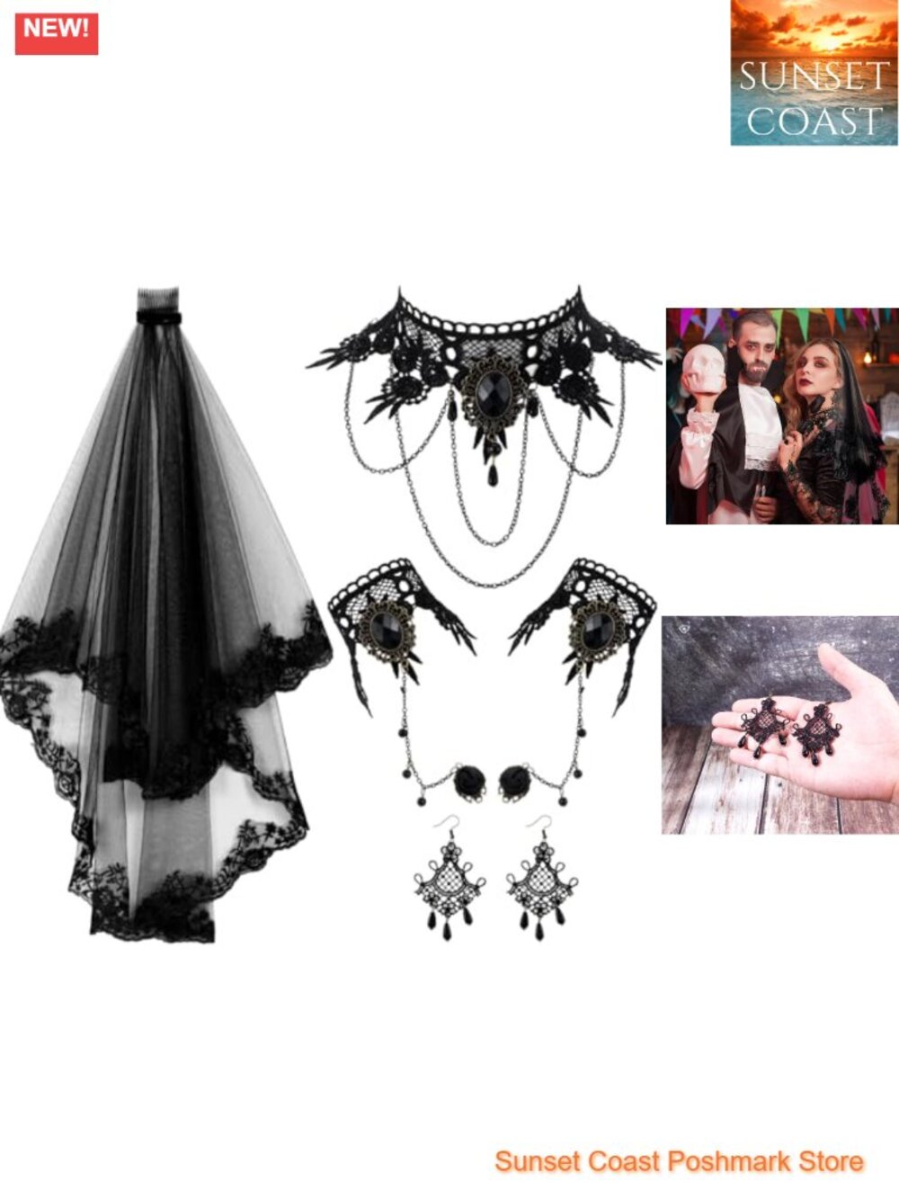 Gothic Lace Veil Choker Bracelet Earring Set Halloween Costume Accessories